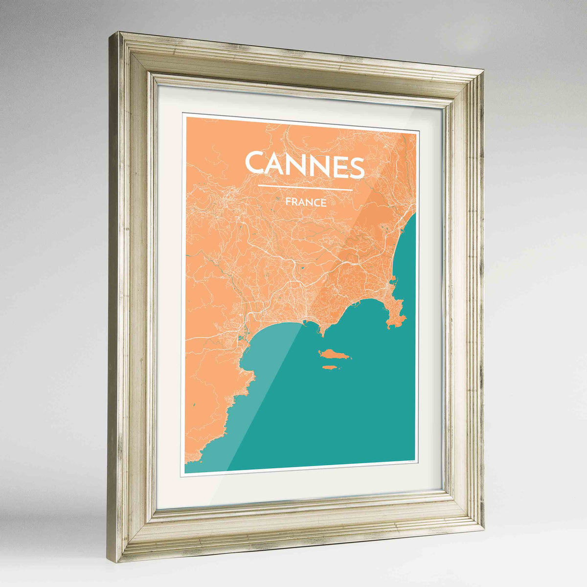 Framed Cannes Map Art Print 24x36&quot; Champagne frame Point Two Design Group