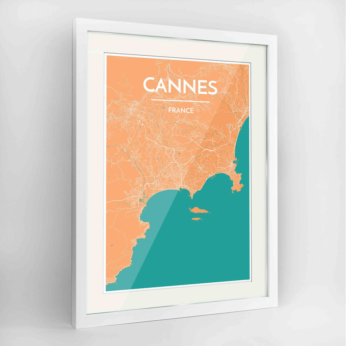 Framed Cannes Map Art Print 24x36&quot; Contemporary White frame Point Two Design Group