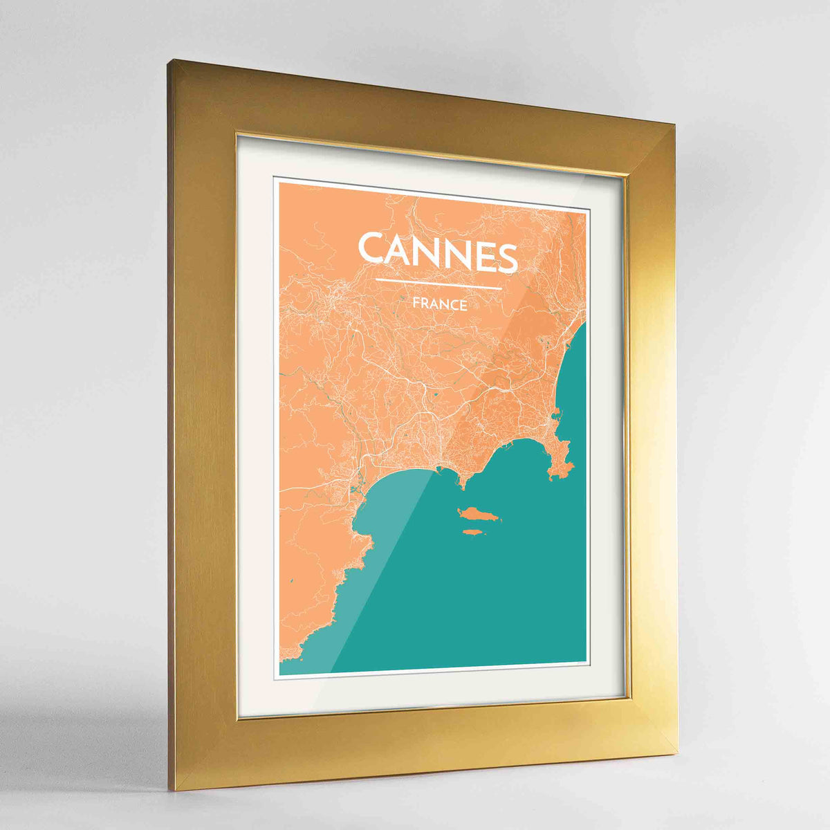 Framed Cannes Map Art Print 24x36&quot; Gold frame Point Two Design Group