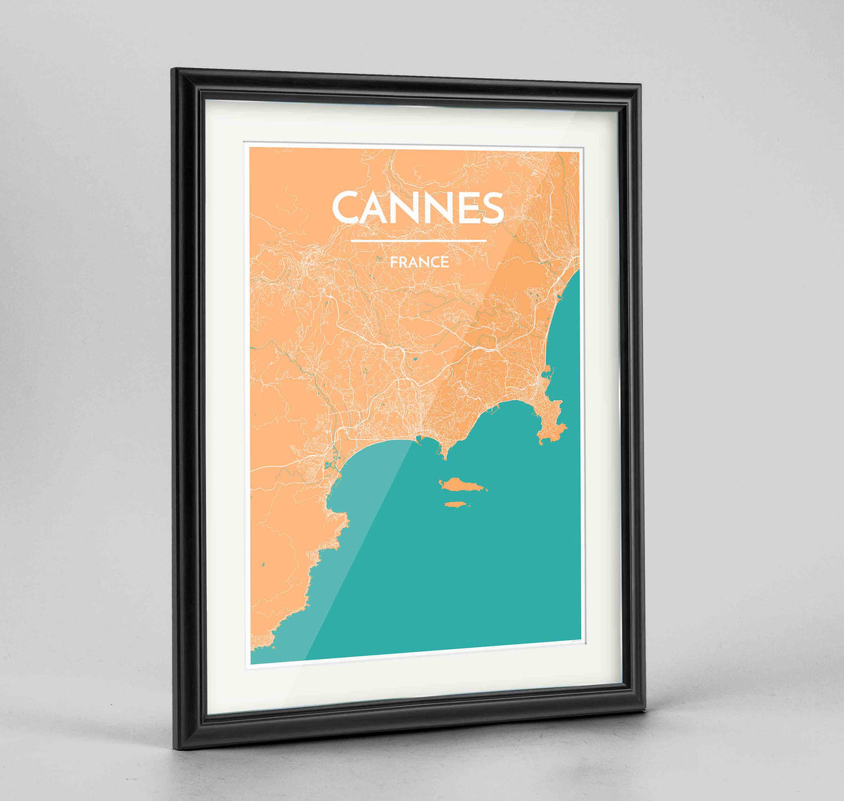 Framed Cannes Map Art Print 24x36&quot; Traditional Black frame Point Two Design Group