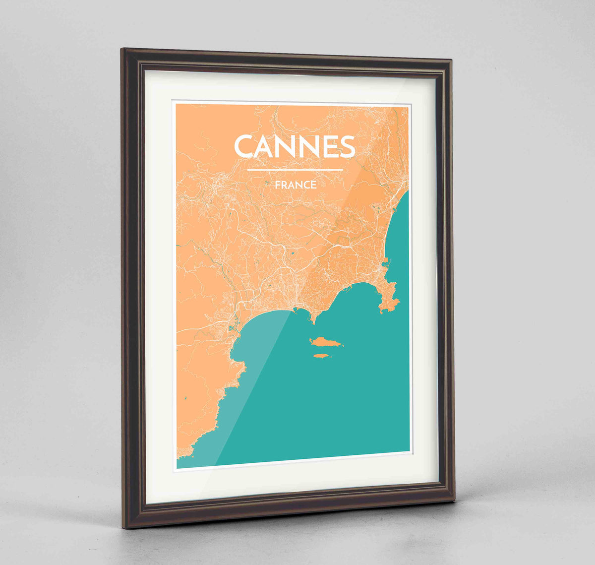 Framed Cannes Map Art Print 24x36&quot; Traditional Walnut frame Point Two Design Group