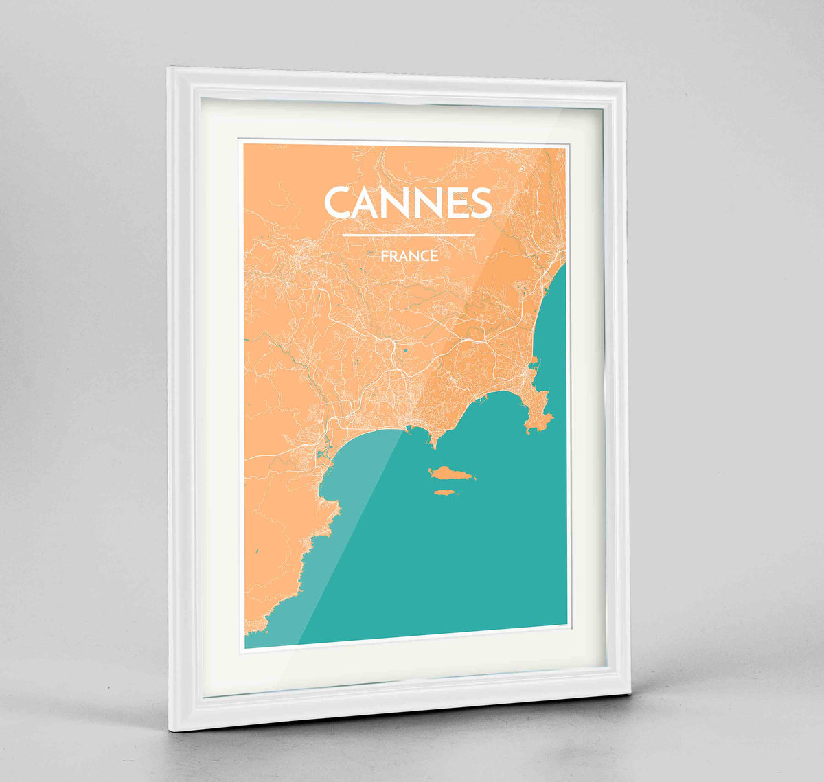 Framed Cannes Map Art Print 24x36&quot; Traditional White frame Point Two Design Group