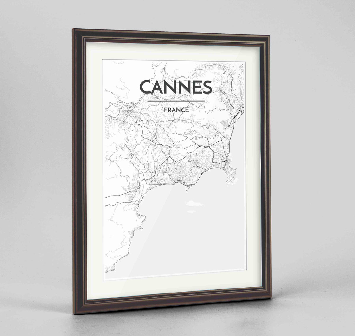 Framed Cannes Map Art Print 24x36&quot; Traditional Walnut frame Point Two Design Group