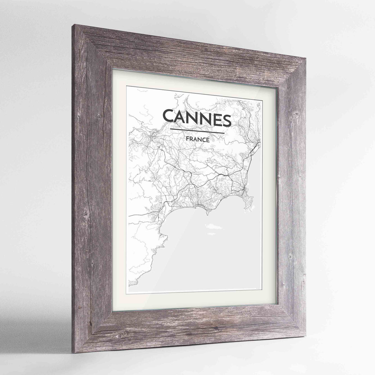 Framed Cannes Map Art Print 24x36&quot; Western Grey frame Point Two Design Group