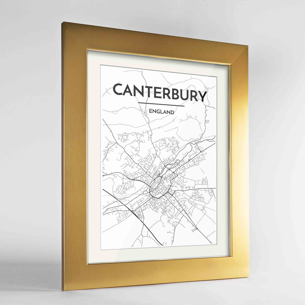 Framed Canterbury Map Art Print 24x36&quot; Gold frame Point Two Design Group