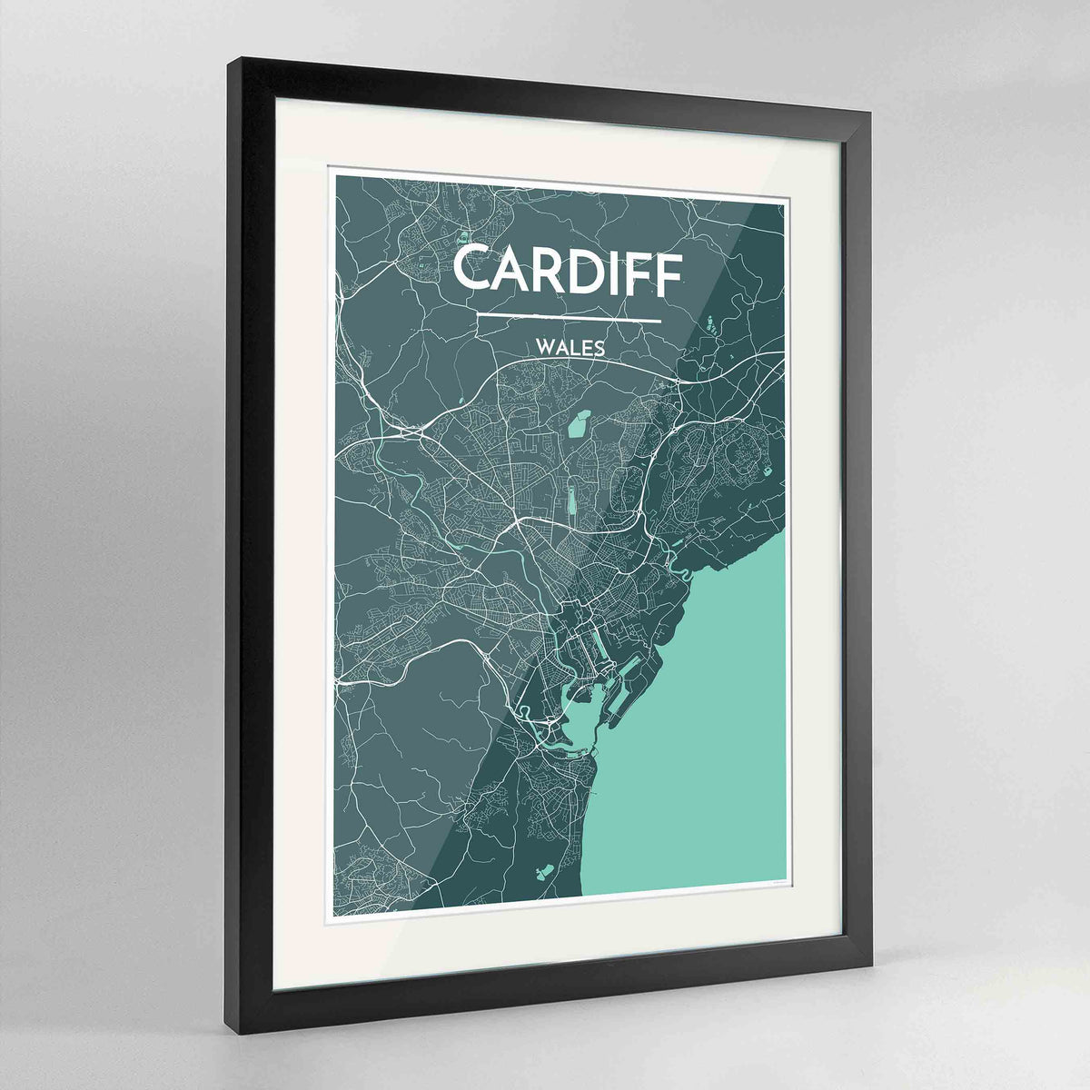 Framed Cardiff Map Art Print 24x36&quot; Contemporary Black frame Point Two Design Group