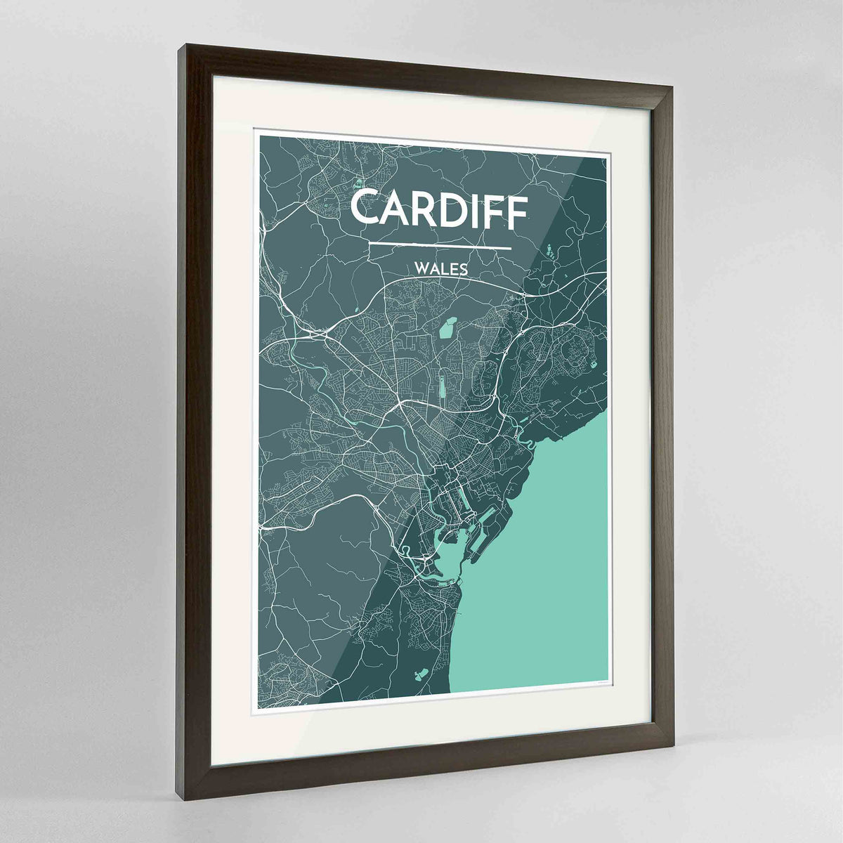 Framed Cardiff Map Art Print 24x36&quot; Contemporary Walnut frame Point Two Design Group