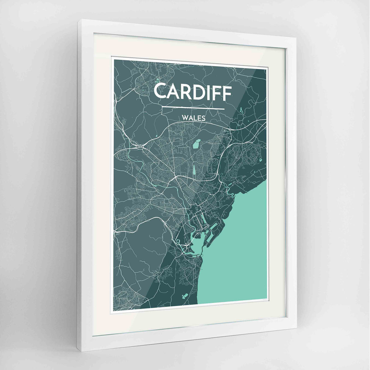 Framed Cardiff Map Art Print 24x36&quot; Contemporary White frame Point Two Design Group