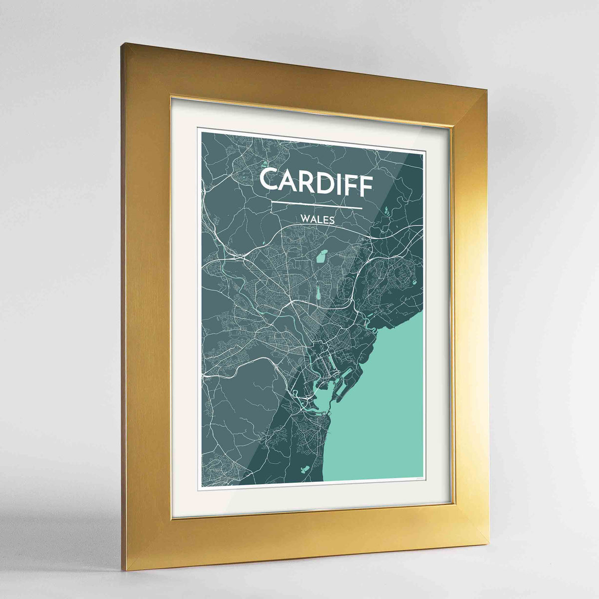 Framed Cardiff Map Art Print 24x36&quot; Gold frame Point Two Design Group
