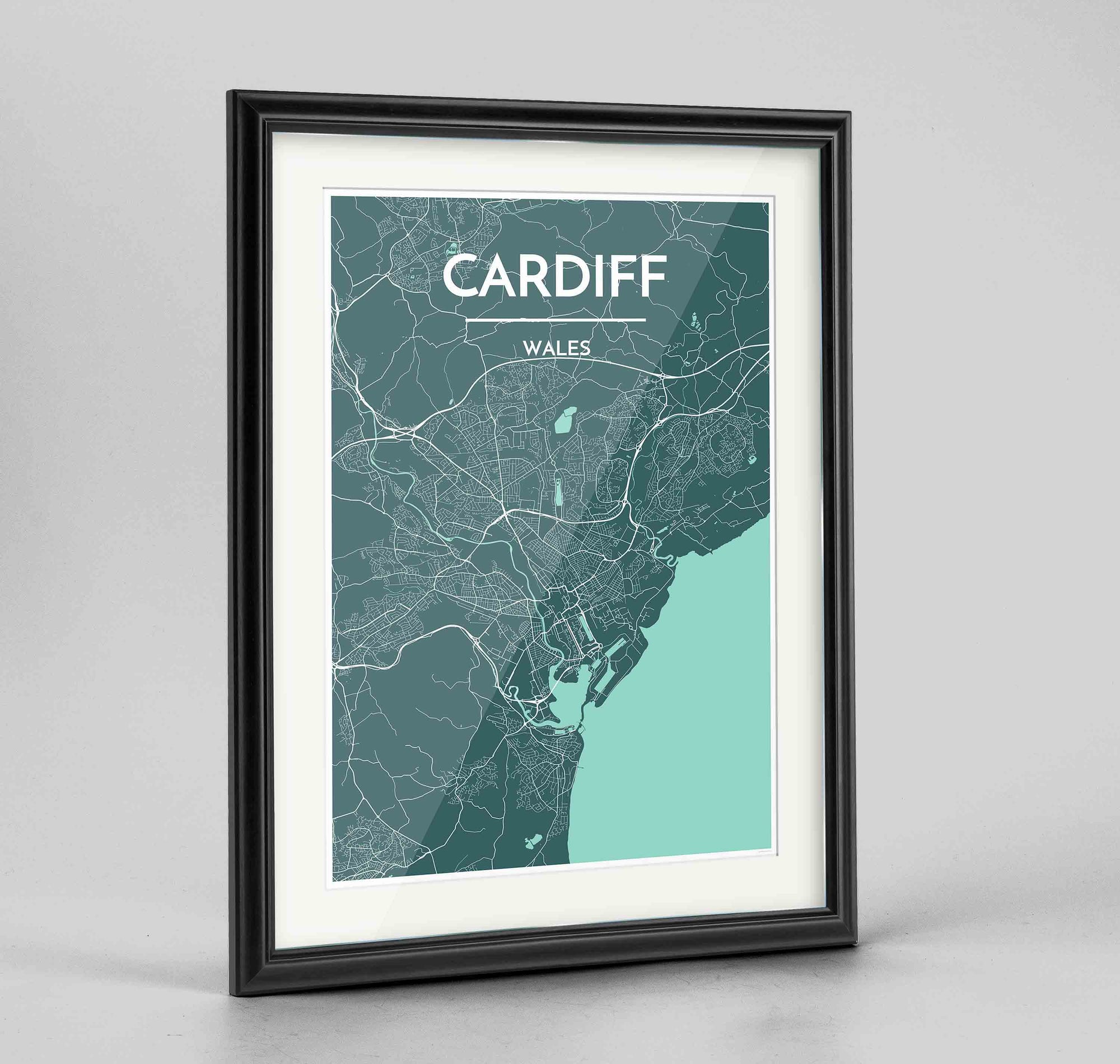 Framed Cardiff Map Art Print 24x36" Traditional Black frame Point Two Design Group