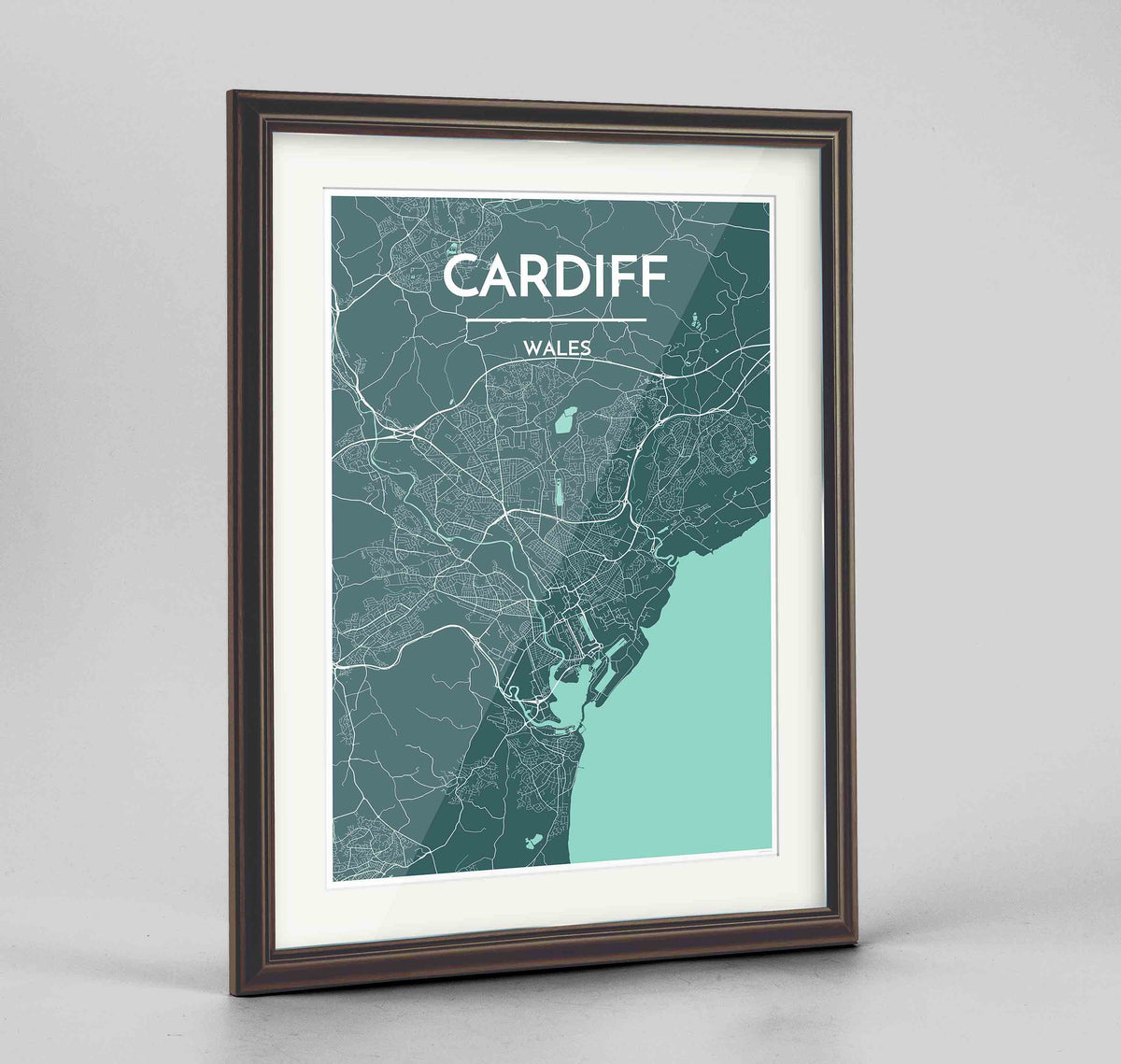Framed Cardiff Map Art Print 24x36&quot; Traditional Walnut frame Point Two Design Group