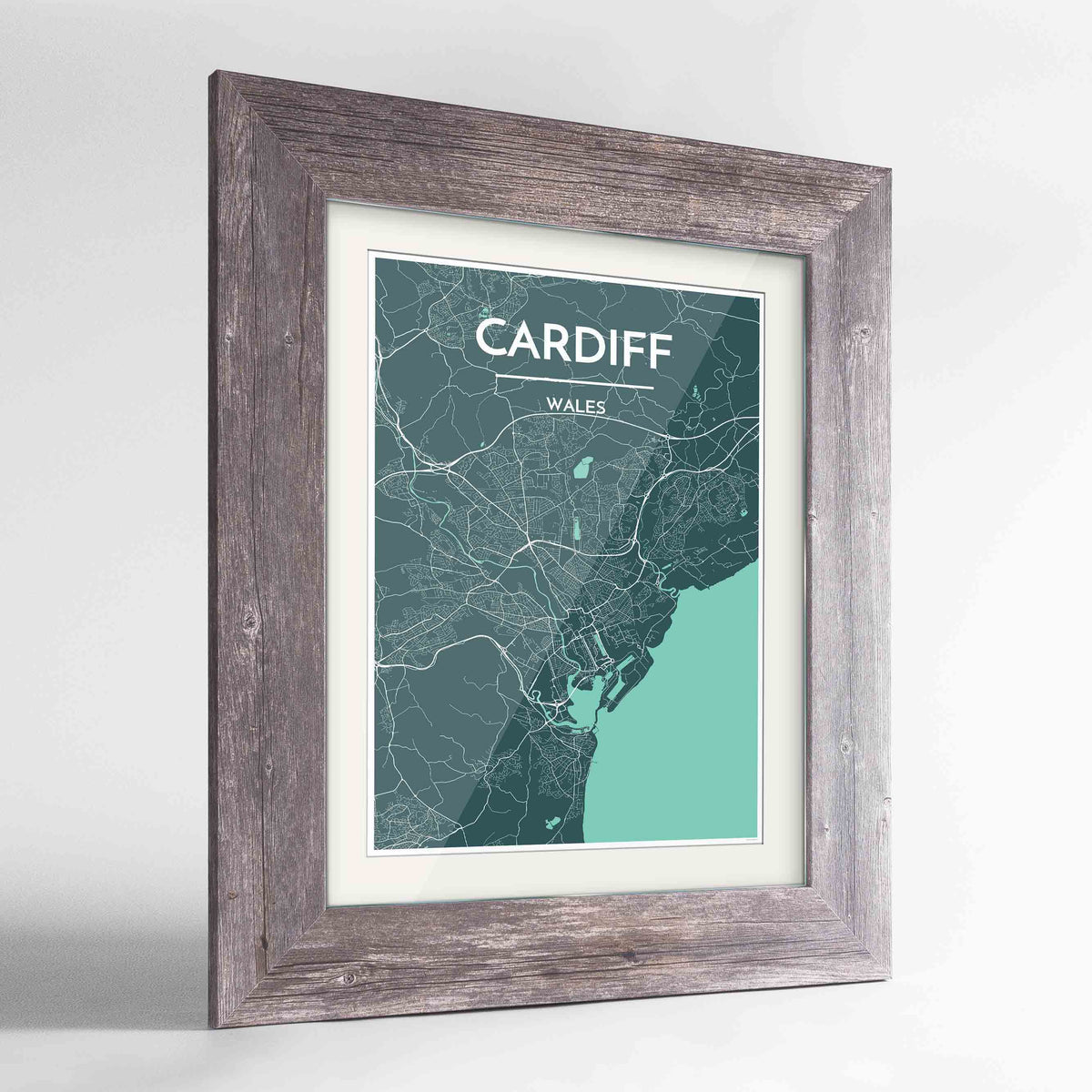 Framed Cardiff Map Art Print 24x36&quot; Western Grey frame Point Two Design Group