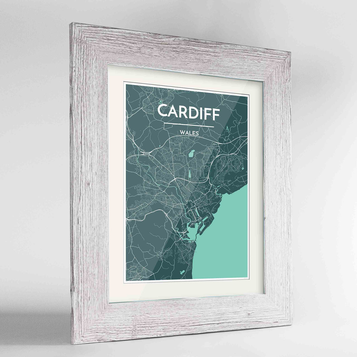 Framed Cardiff Map Art Print 24x36&quot; Western White frame Point Two Design Group