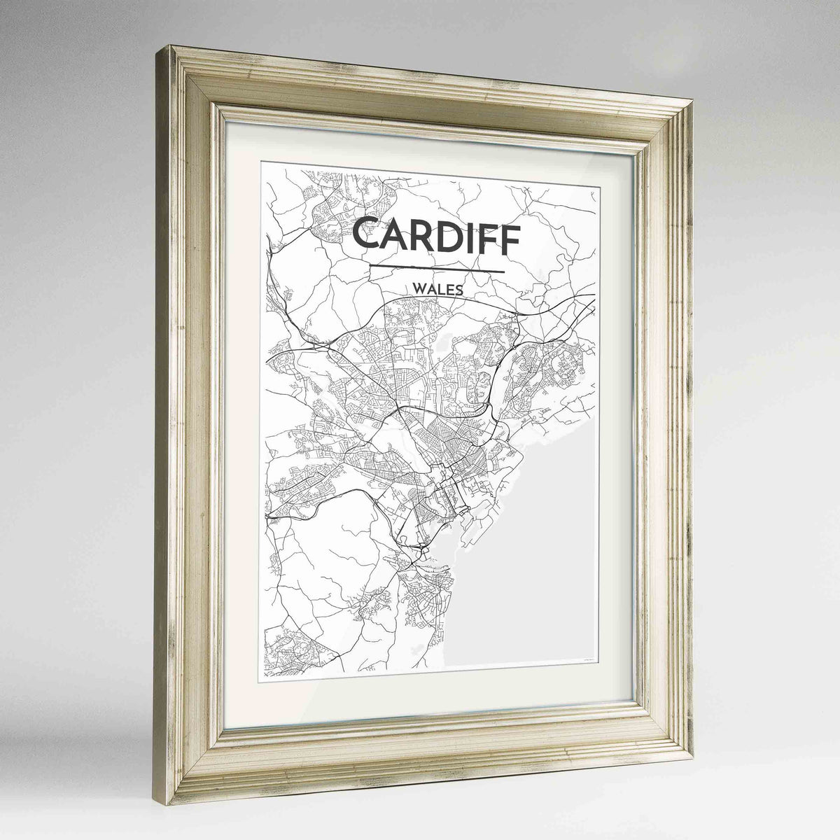 Framed Cardiff Map Art Print 24x36&quot; Champagne frame Point Two Design Group