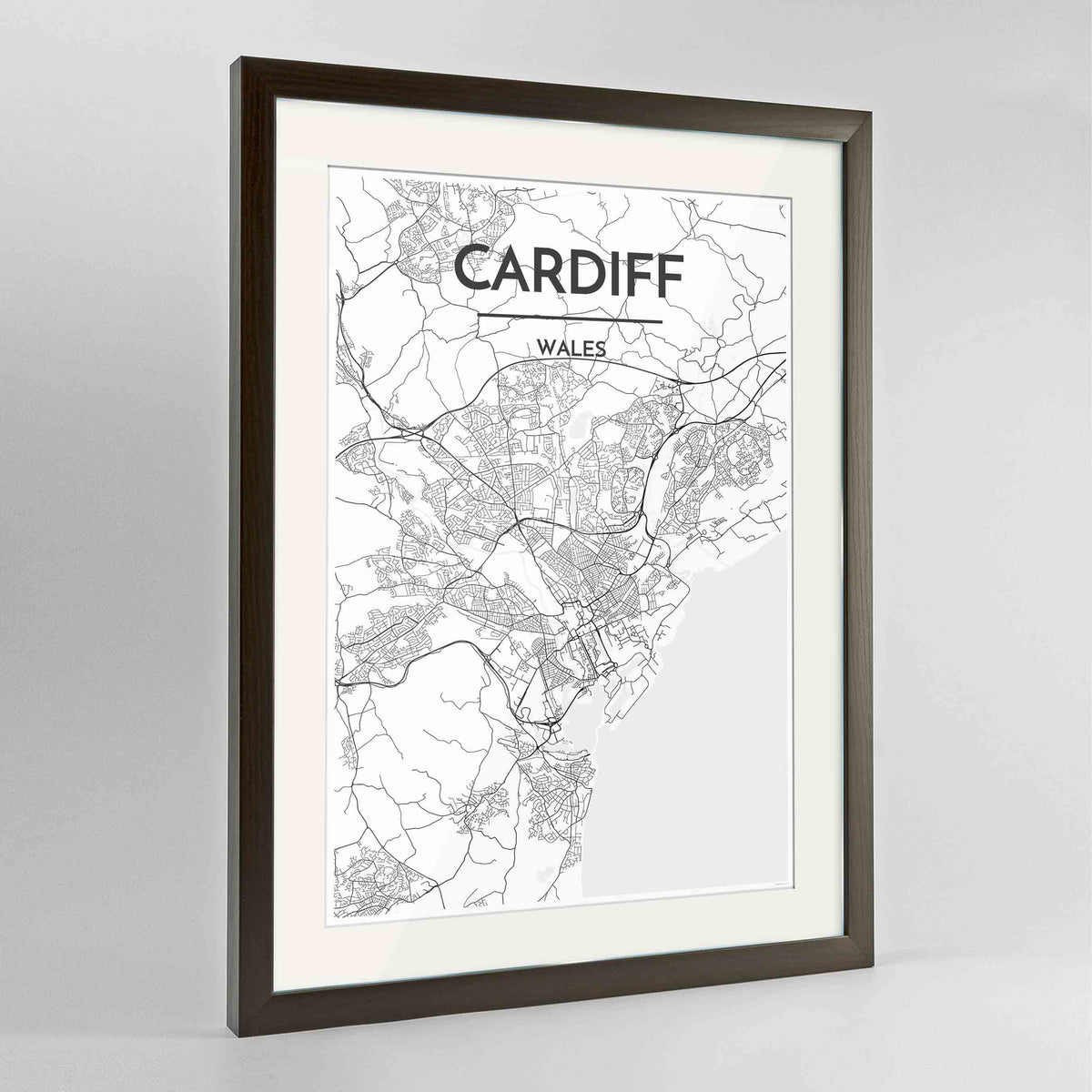 Framed Cardiff Map Art Print 24x36&quot; Contemporary Walnut frame Point Two Design Group