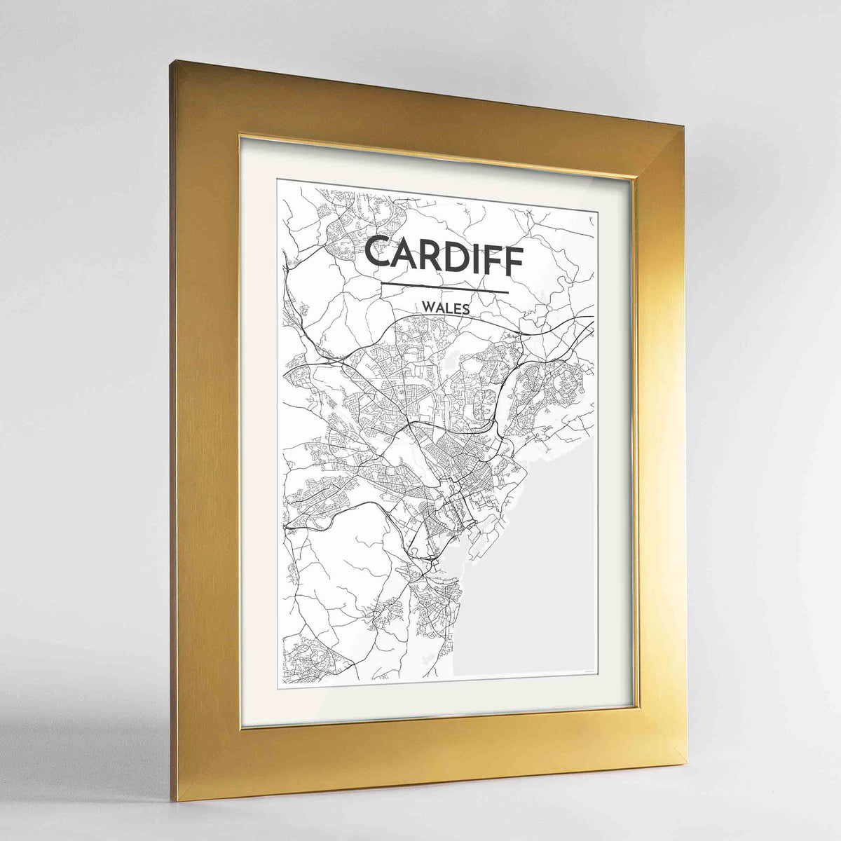 Framed Cardiff Map Art Print 24x36&quot; Gold frame Point Two Design Group