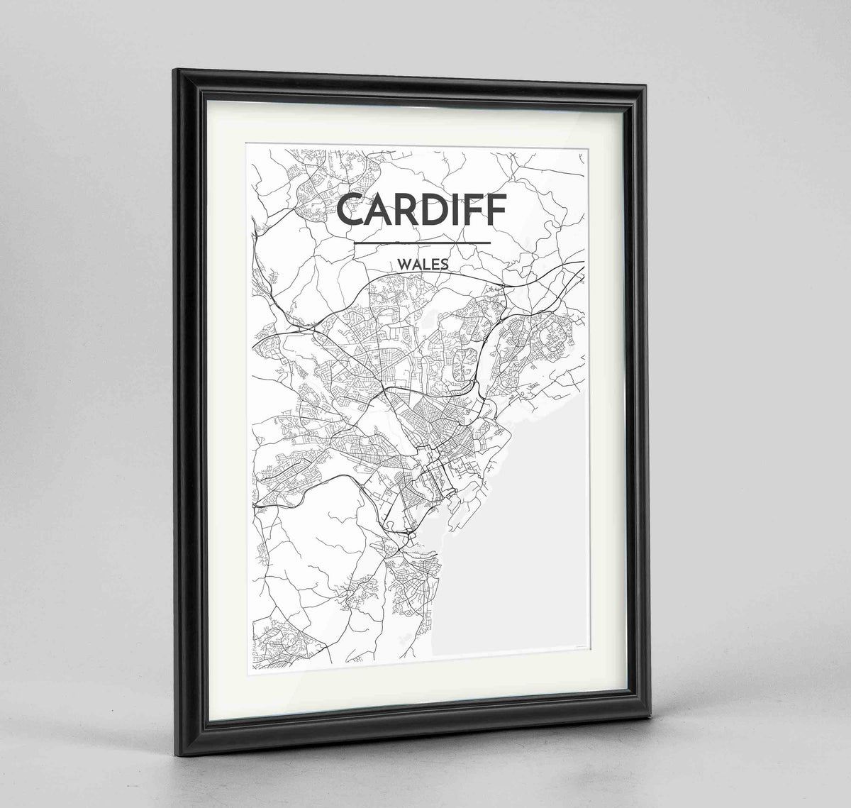 Framed Cardiff Map Art Print 24x36&quot; Traditional Black frame Point Two Design Group