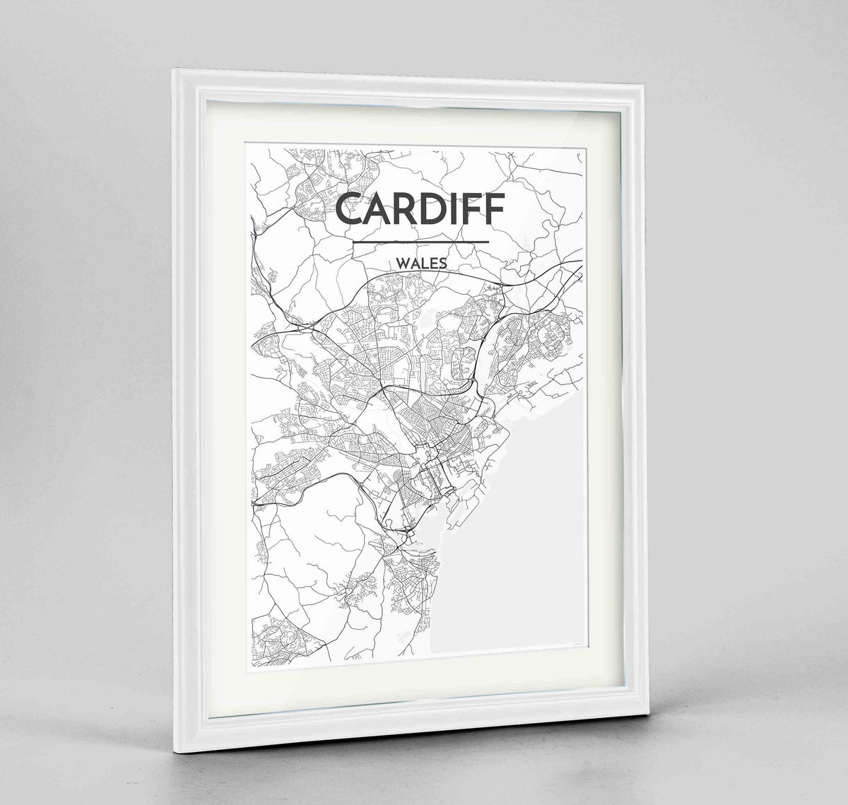Framed Cardiff Map Art Print 24x36&quot; Traditional White frame Point Two Design Group
