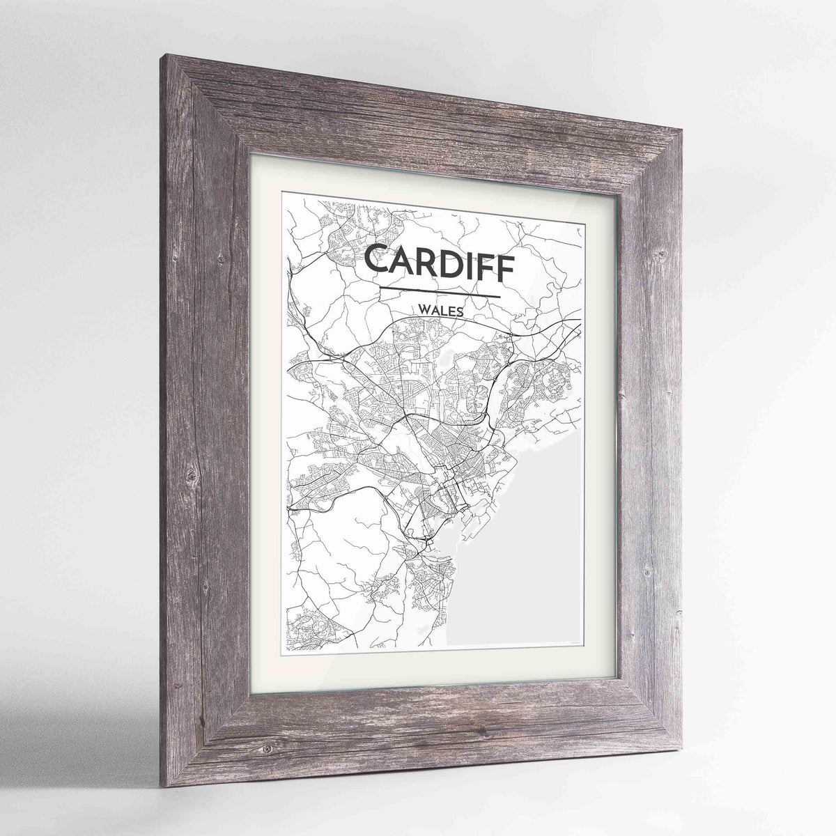 Framed Cardiff Map Art Print 24x36&quot; Western Grey frame Point Two Design Group