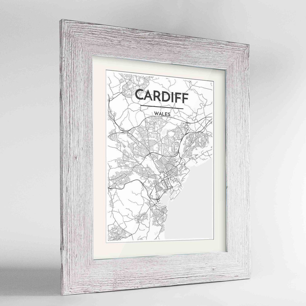 Framed Cardiff Map Art Print 24x36&quot; Western White frame Point Two Design Group