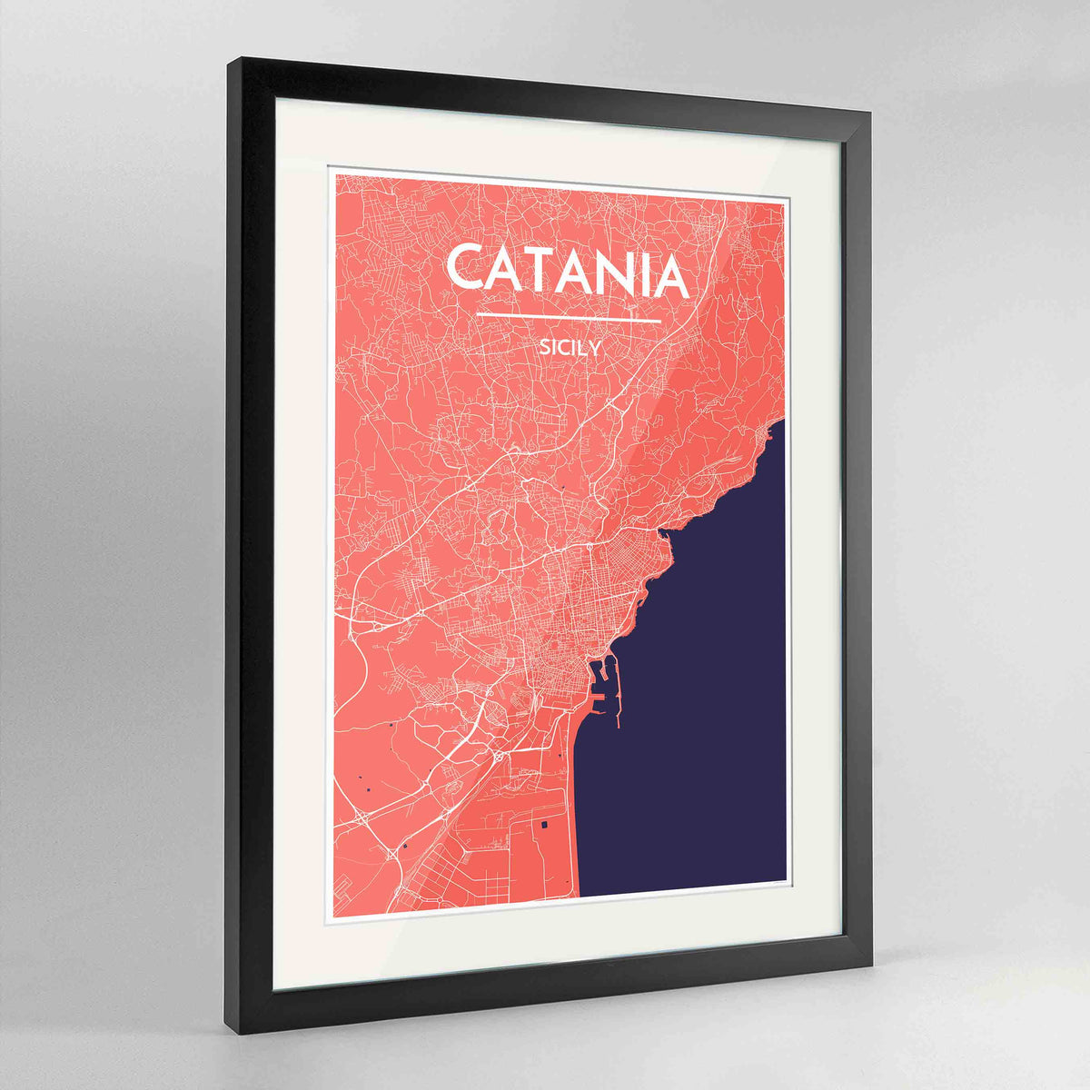 Framed Catania Map Art Print 24x36&quot; Contemporary Black frame Point Two Design Group