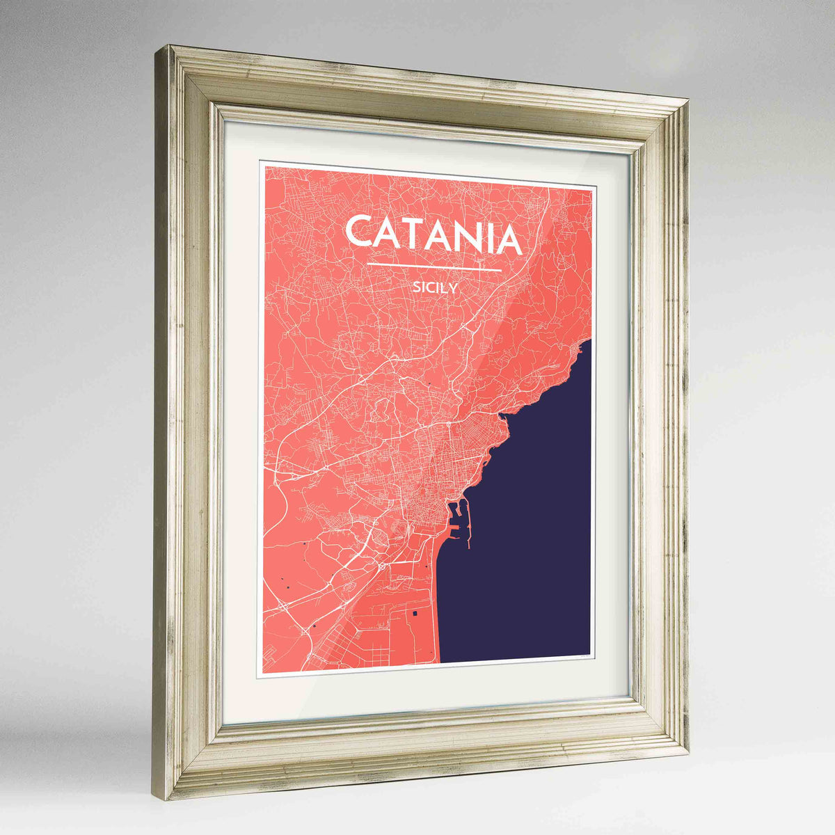 Framed Catania Map Art Print 24x36&quot; Champagne frame Point Two Design Group
