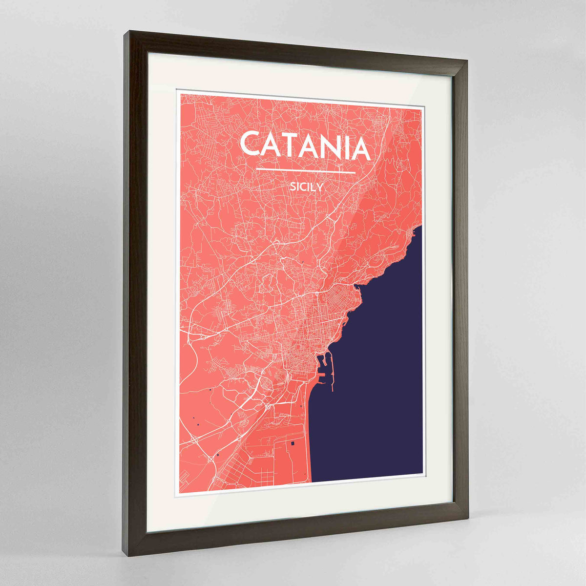 Framed Catania Map Art Print 24x36&quot; Contemporary Walnut frame Point Two Design Group