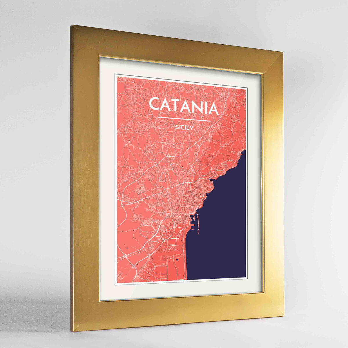 Framed Catania Map Art Print 24x36&quot; Gold frame Point Two Design Group