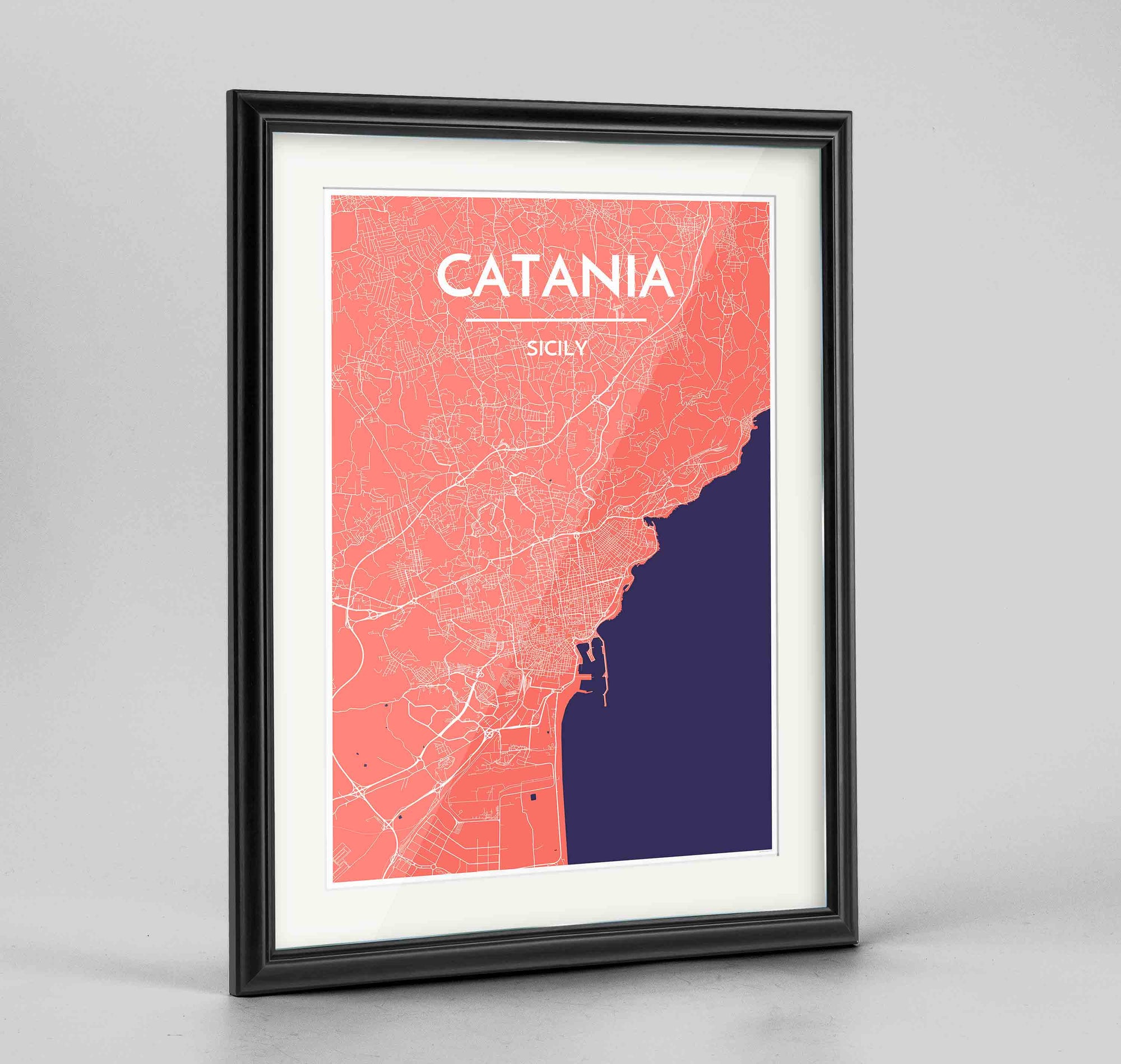 Framed Catania Map Art Print 24x36" Traditional Black frame Point Two Design Group