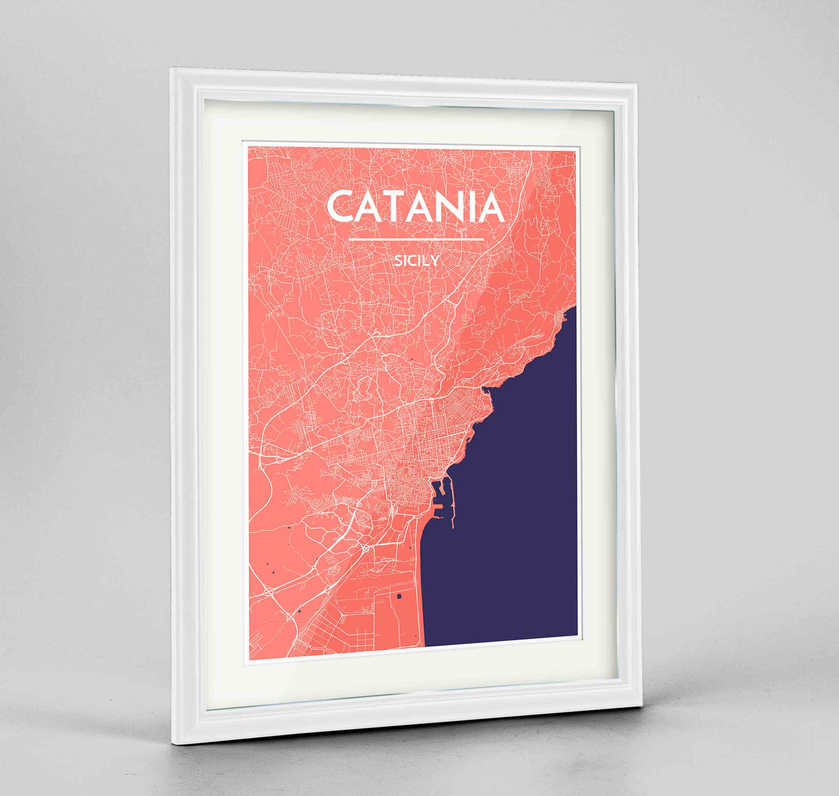Framed Catania Map Art Print 24x36&quot; Traditional White frame Point Two Design Group