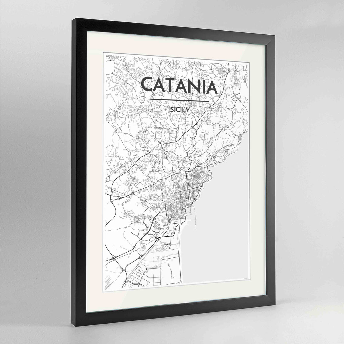 Framed Catania Map Art Print 24x36&quot; Contemporary Black frame Point Two Design Group