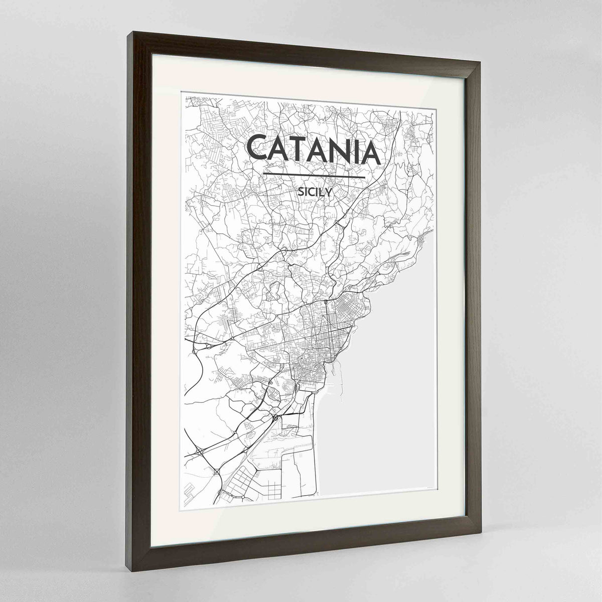 Framed Catania Map Art Print 24x36&quot; Contemporary Walnut frame Point Two Design Group