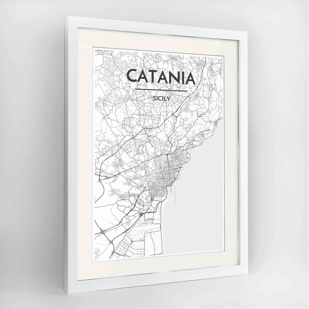 Framed Catania Map Art Print 24x36&quot; Contemporary White frame Point Two Design Group