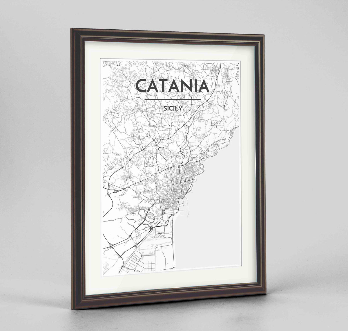 Framed Catania Map Art Print 24x36&quot; Traditional Walnut frame Point Two Design Group