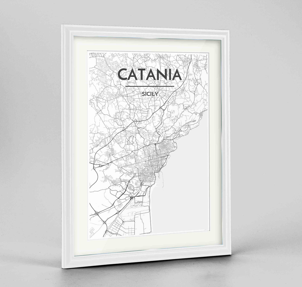 Framed Catania Map Art Print 24x36&quot; Traditional White frame Point Two Design Group
