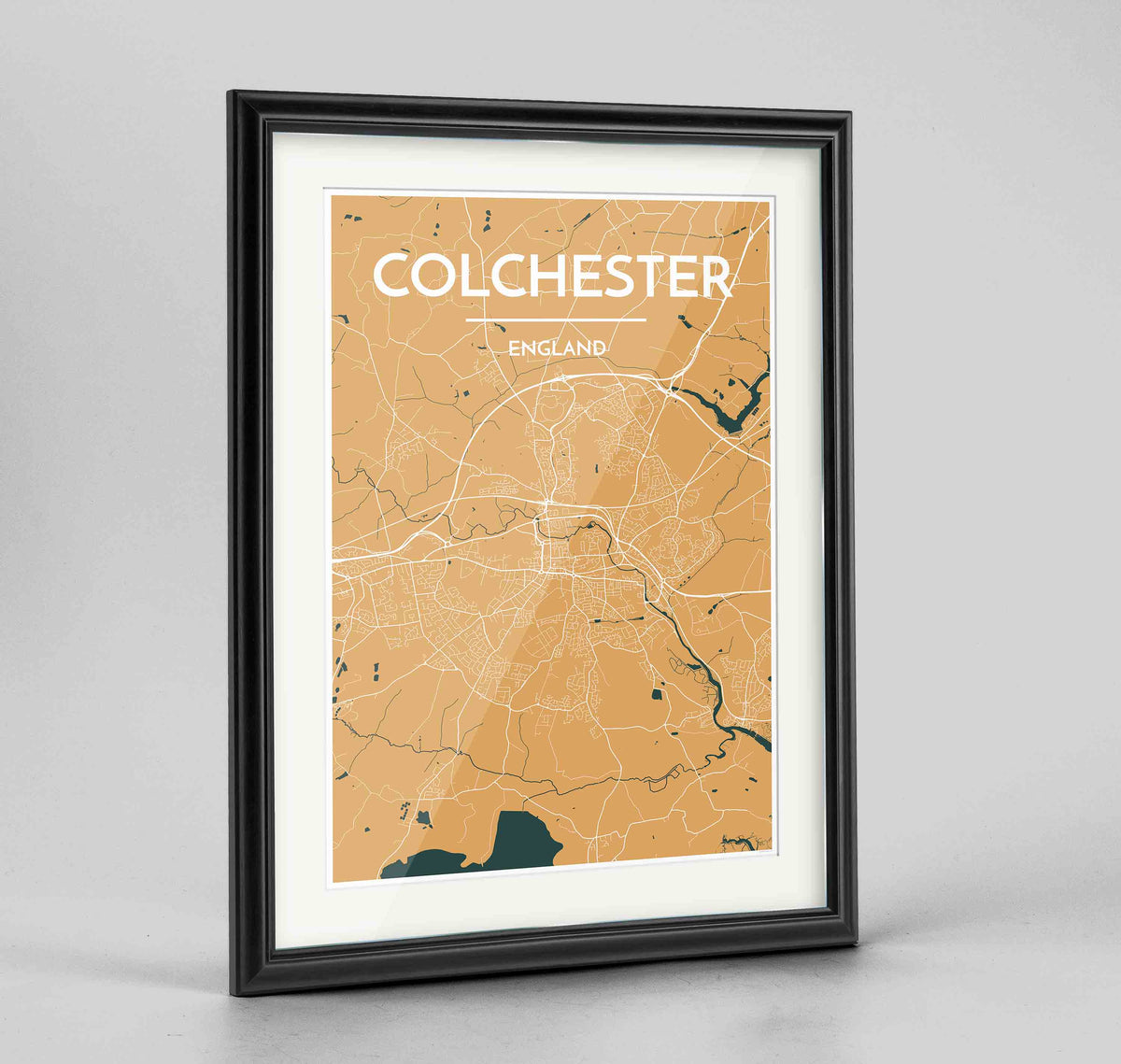Framed Colchester Map Art Print 24x36&quot; Traditional Black frame Point Two Design Group