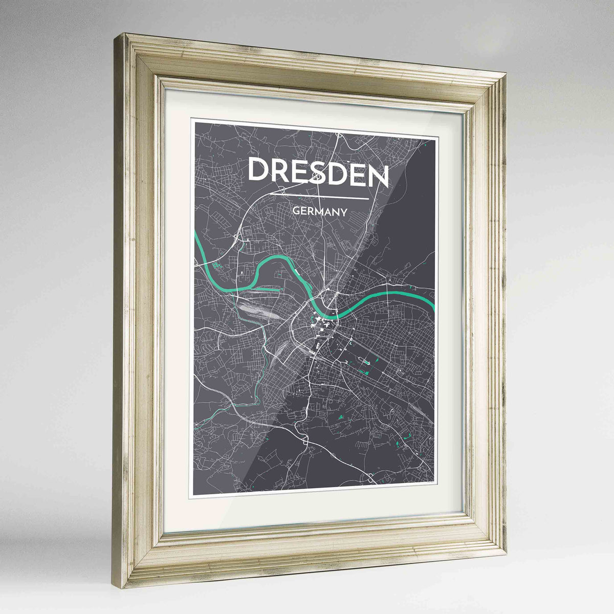 Framed Dresden Map Art Print 24x36&quot; Champagne frame Point Two Design Group