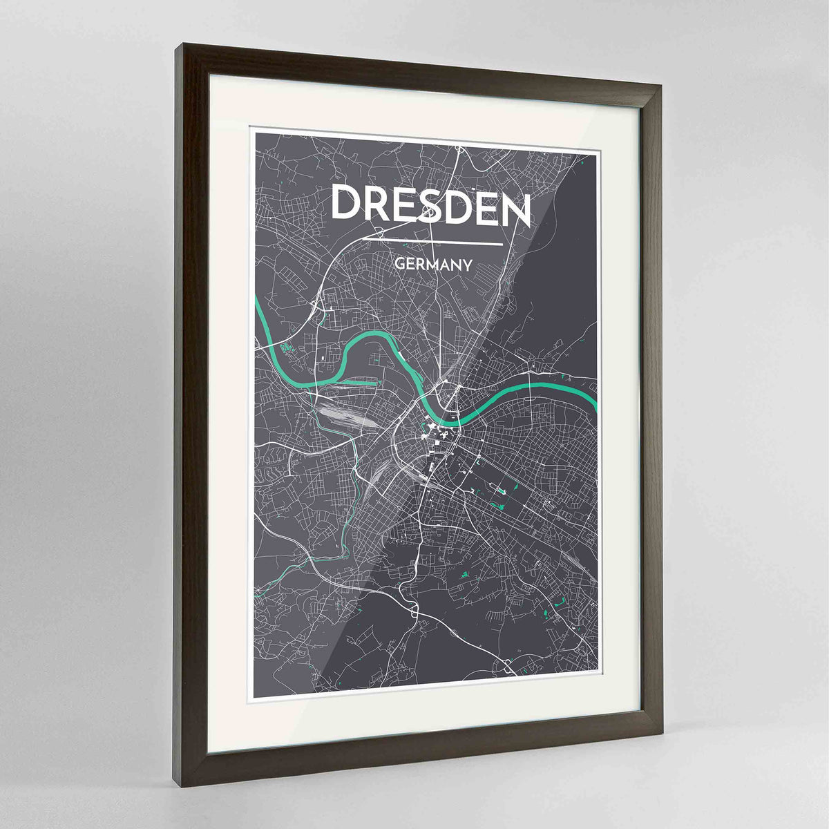 Framed Dresden Map Art Print 24x36&quot; Contemporary Walnut frame Point Two Design Group