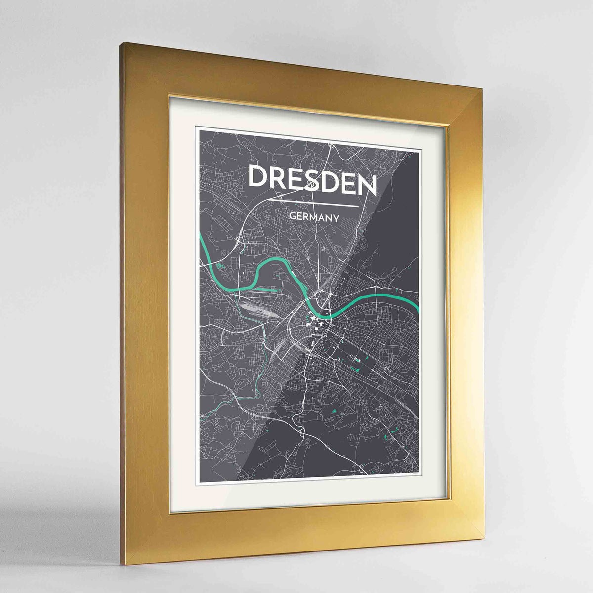 Framed Dresden Map Art Print 24x36&quot; Gold frame Point Two Design Group