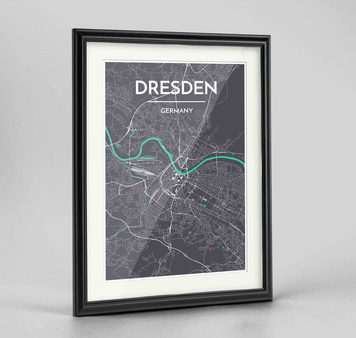 Framed Dresden Map Art Print 24x36&quot; Traditional Black frame Point Two Design Group