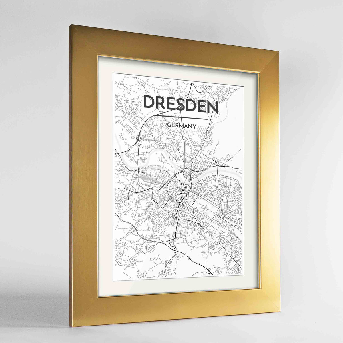 Framed Dresden Map Art Print 24x36&quot; Gold frame Point Two Design Group