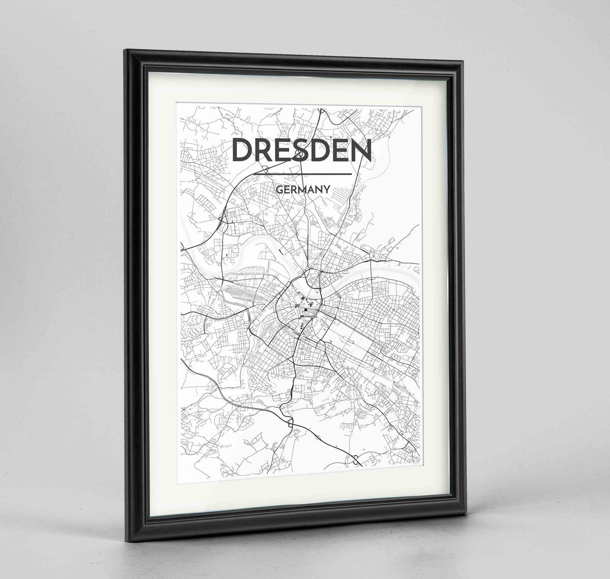 Framed Dresden Map Art Print 24x36&quot; Traditional Black frame Point Two Design Group