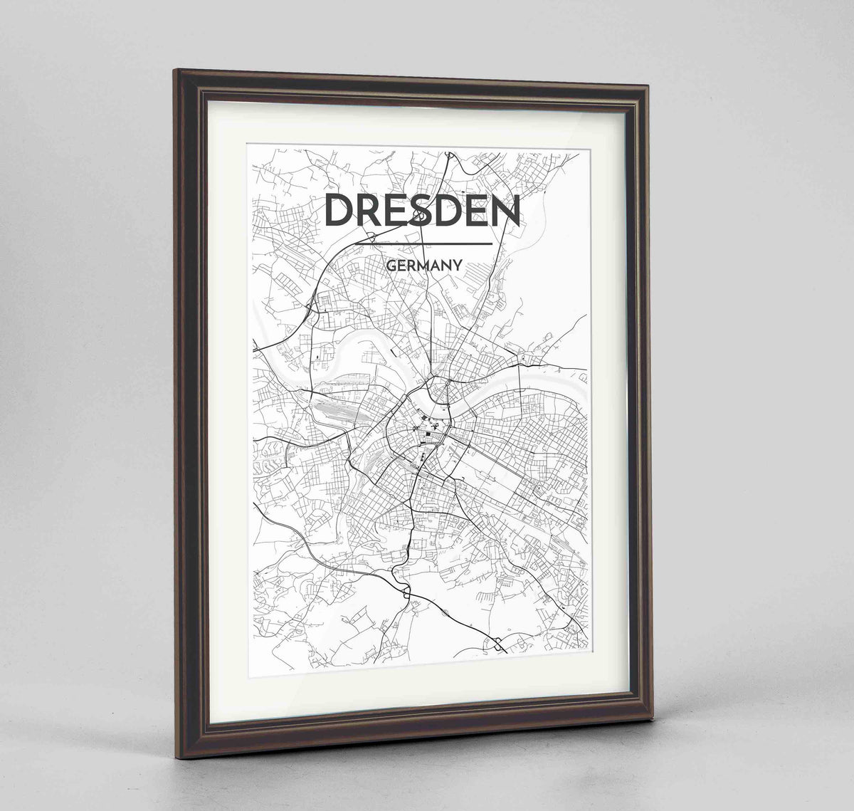 Framed Dresden Map Art Print 24x36&quot; Traditional Walnut frame Point Two Design Group
