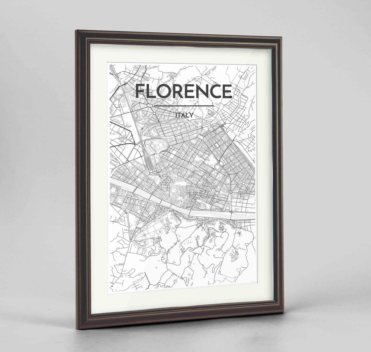 Framed Florence Map Art Print 24x36&quot; Traditional Walnut frame Point Two Design Group