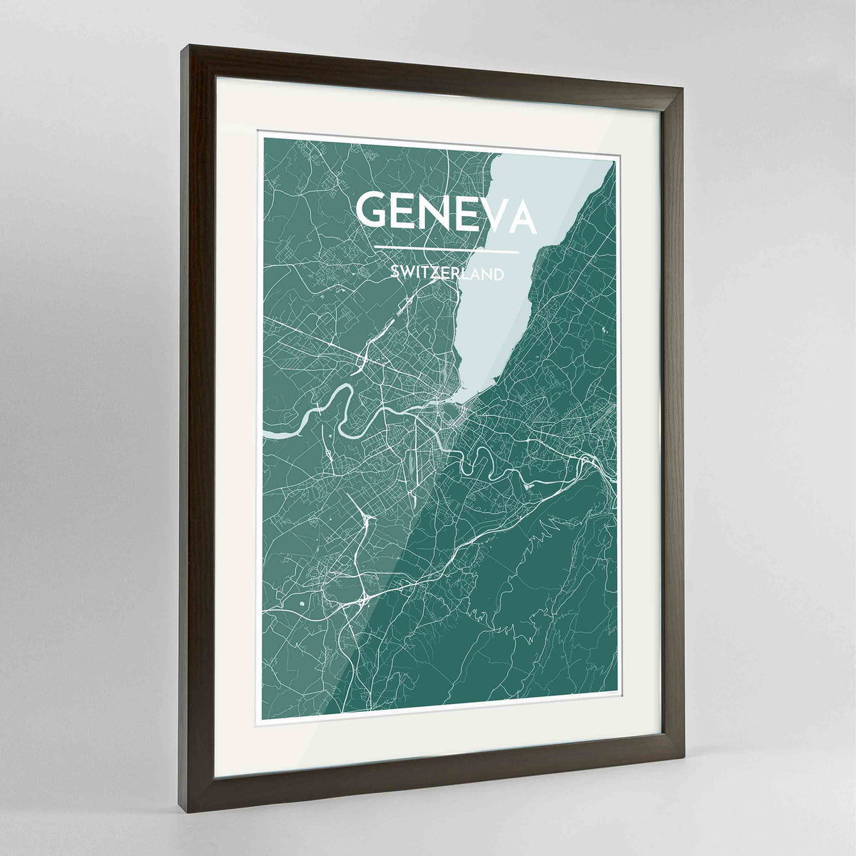 Framed Geneva Map Art Print 24x36&quot; Contemporary Walnut frame Point Two Design Group