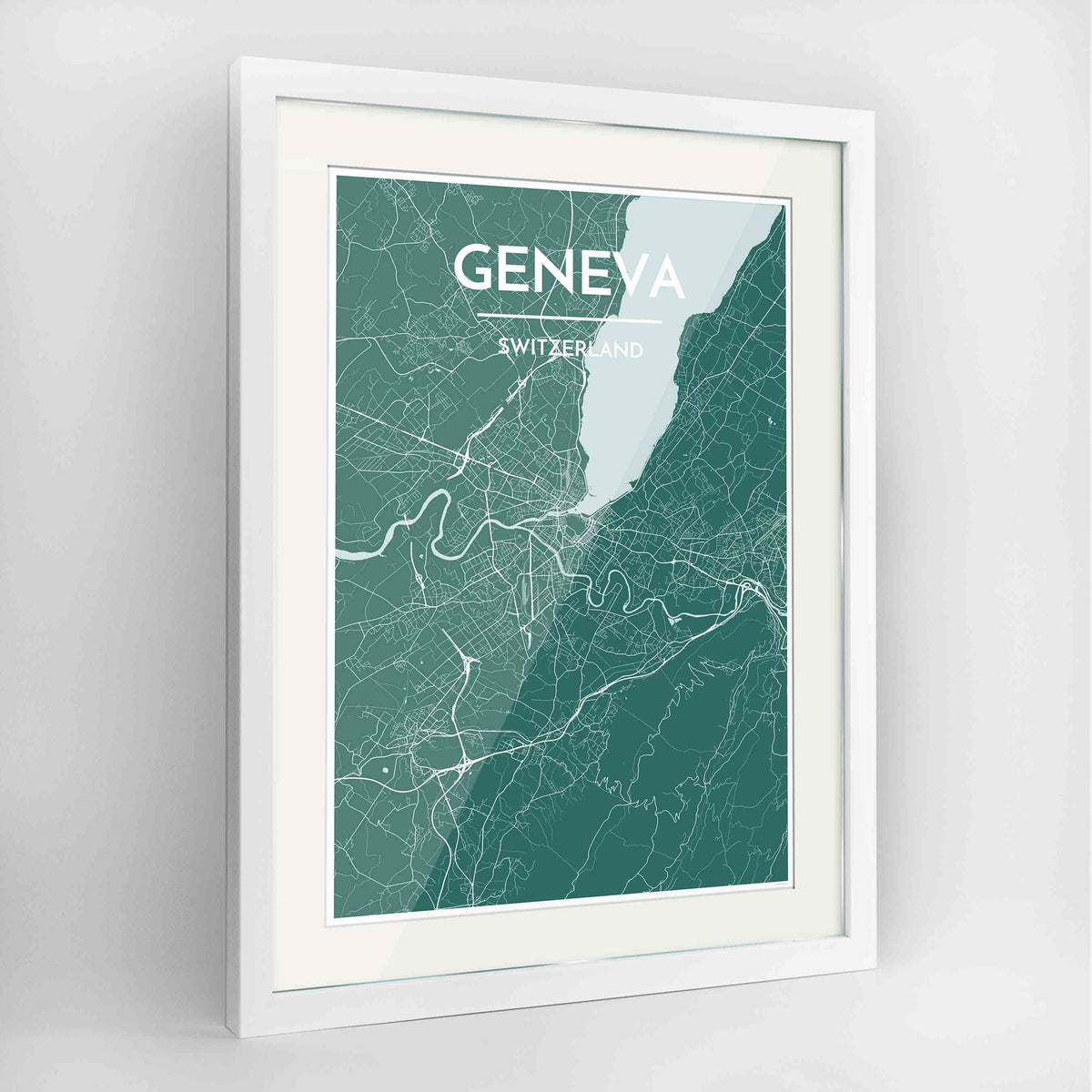 Framed Geneva Map Art Print 24x36&quot; Contemporary White frame Point Two Design Group