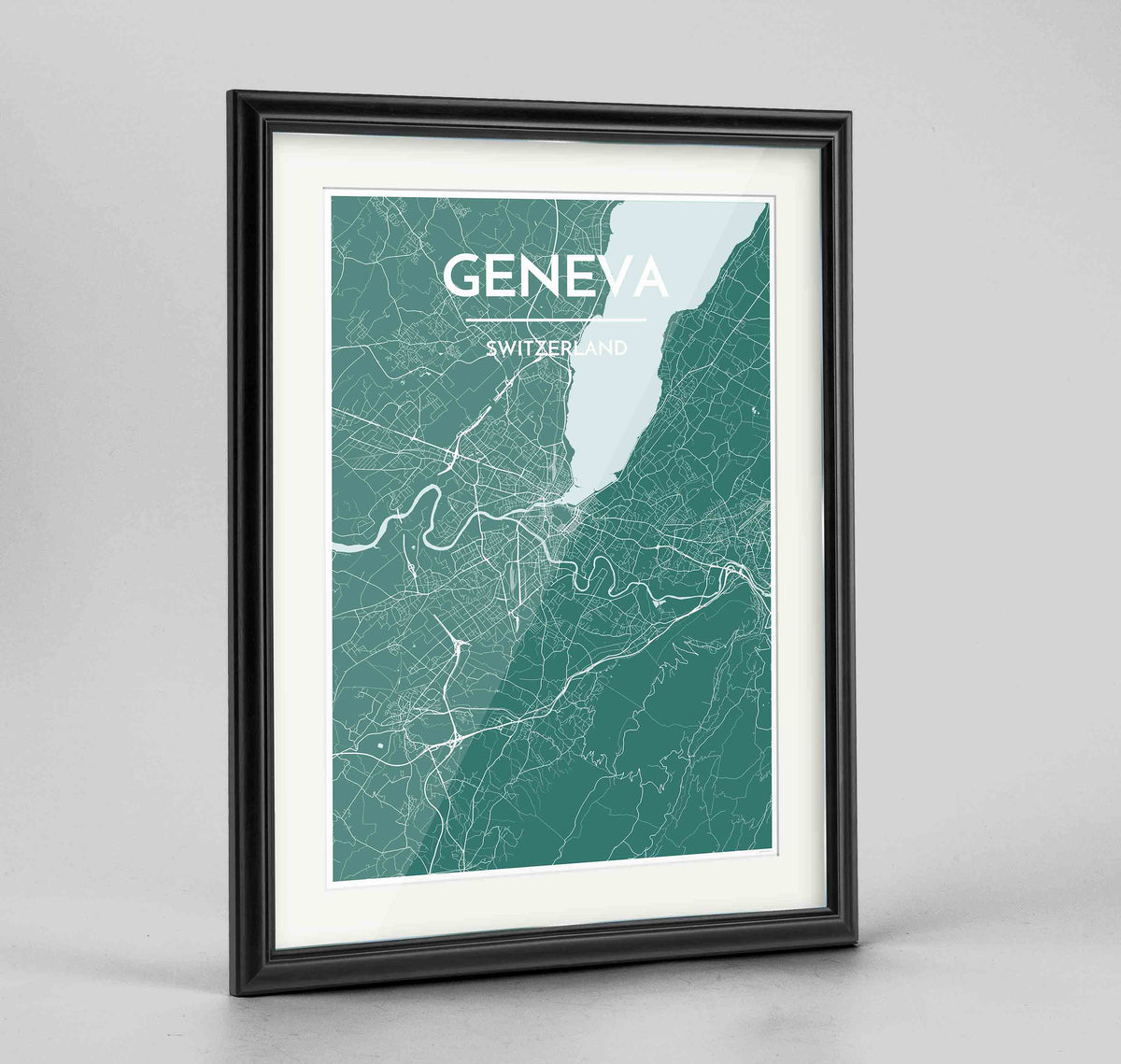 Framed Geneva Map Art Print 24x36&quot; Traditional Black frame Point Two Design Group