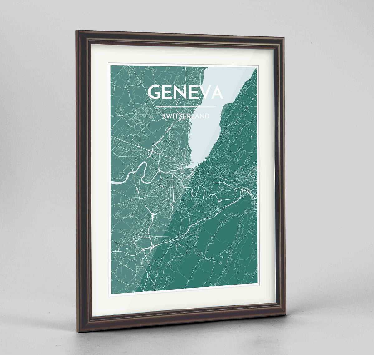 Framed Geneva Map Art Print 24x36&quot; Traditional Walnut frame Point Two Design Group