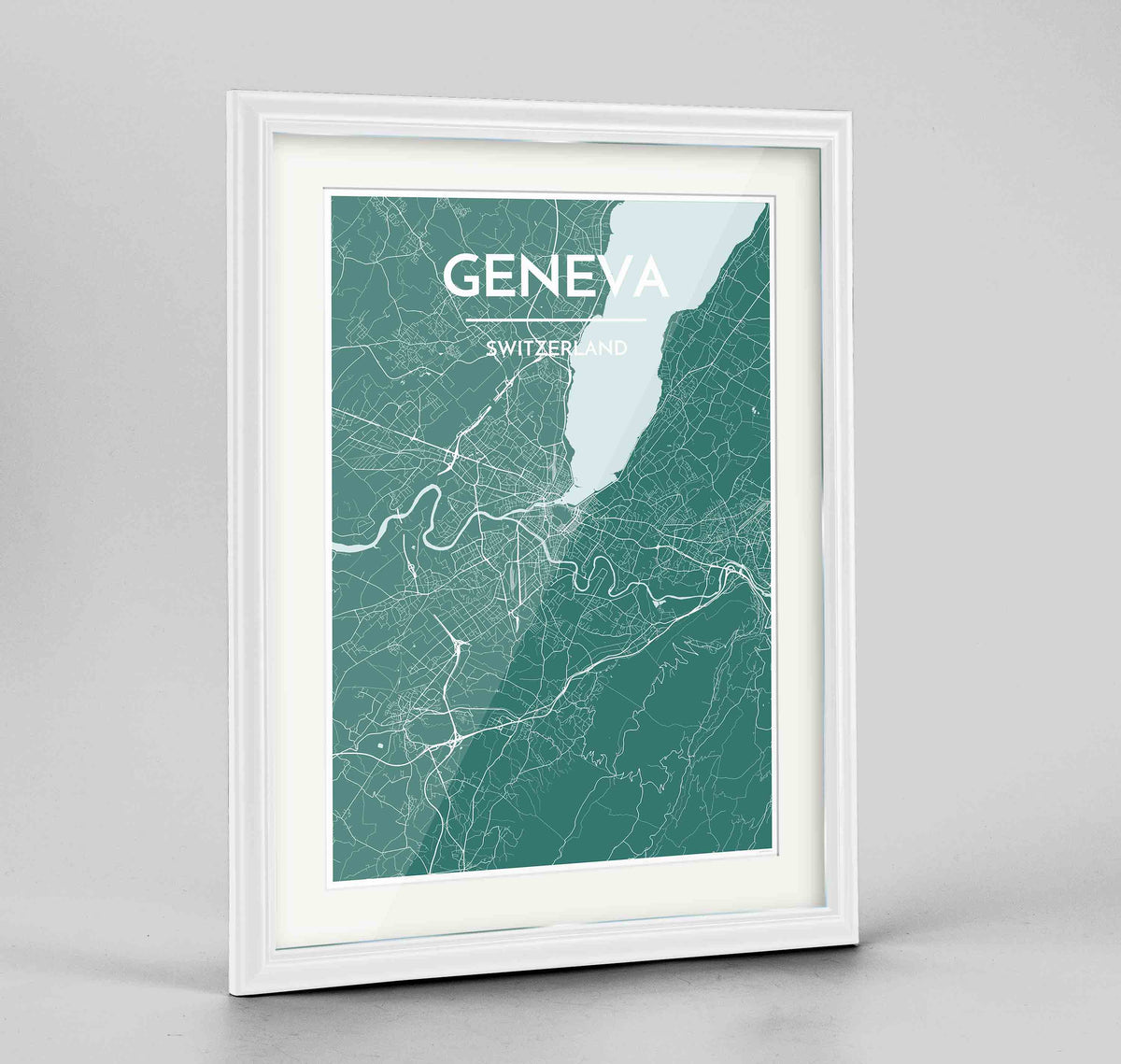 Framed Geneva Map Art Print 24x36&quot; Traditional White frame Point Two Design Group