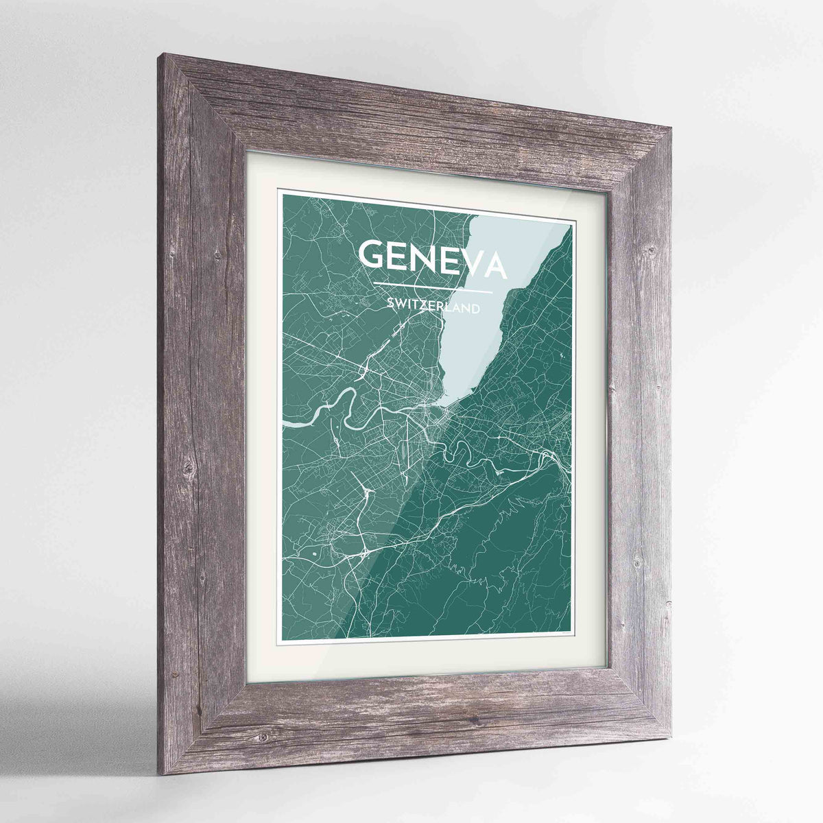 Framed Geneva Map Art Print 24x36&quot; Western Grey frame Point Two Design Group